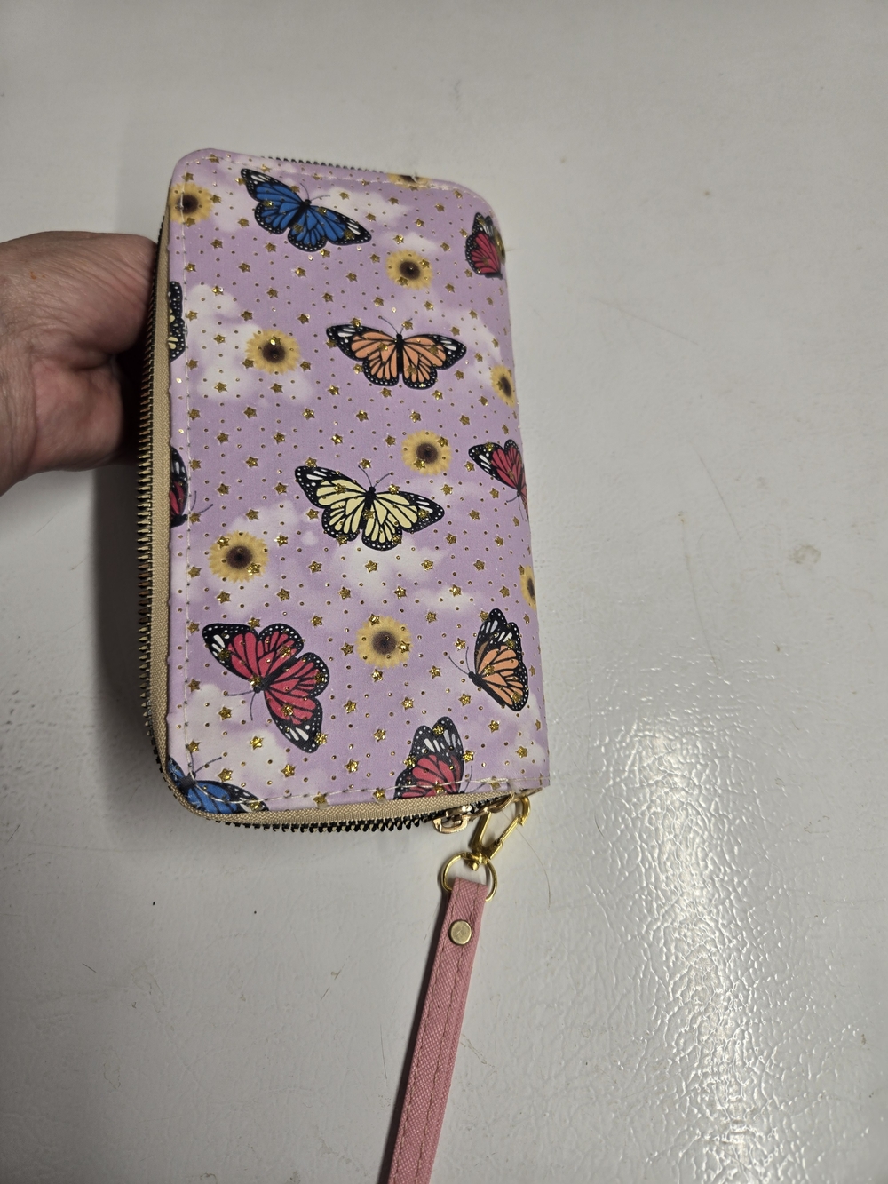 Pink Butterfly Zip-Around Wallet with Wrist Strap